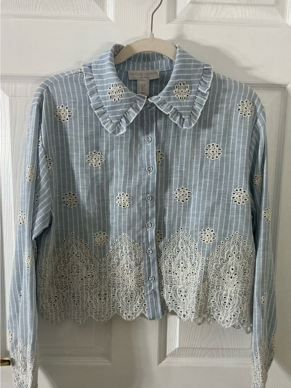 Caroline Constas NWT Cropped Scalloped Edge Eyelet Blouse Blue Stripe Small